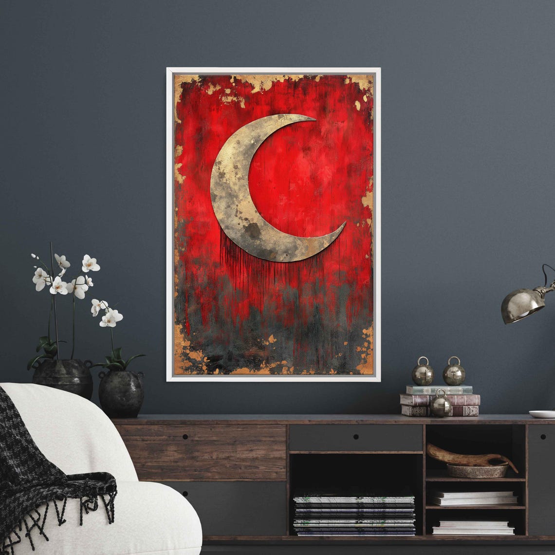 Silver Crescent Moon Wall Art Print Whimsical Collage Elegant Red Accents
