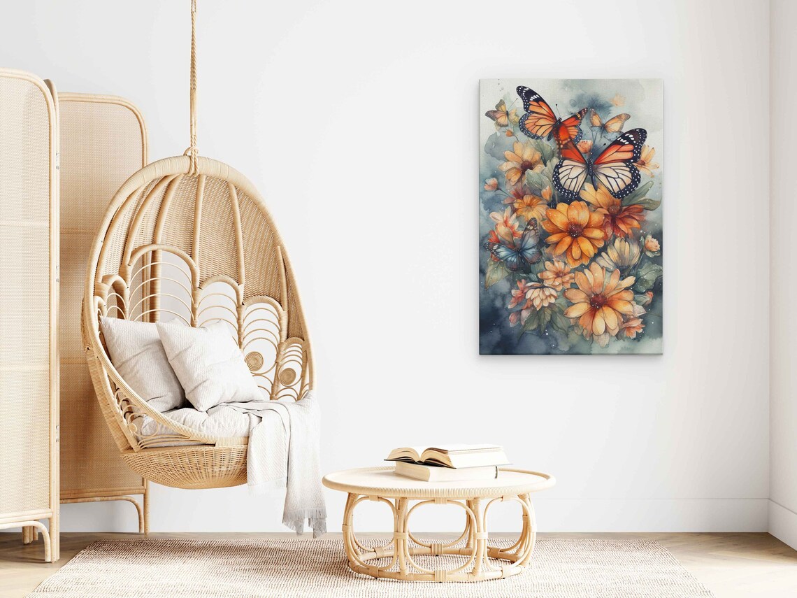 Monarch Butterflies With Orange Flowers Watercolor Painting Art Poster - Image 3