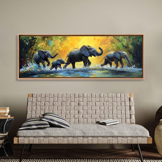 Elephant Family Crossing River Golden Sunset Wildlife Painting Poster