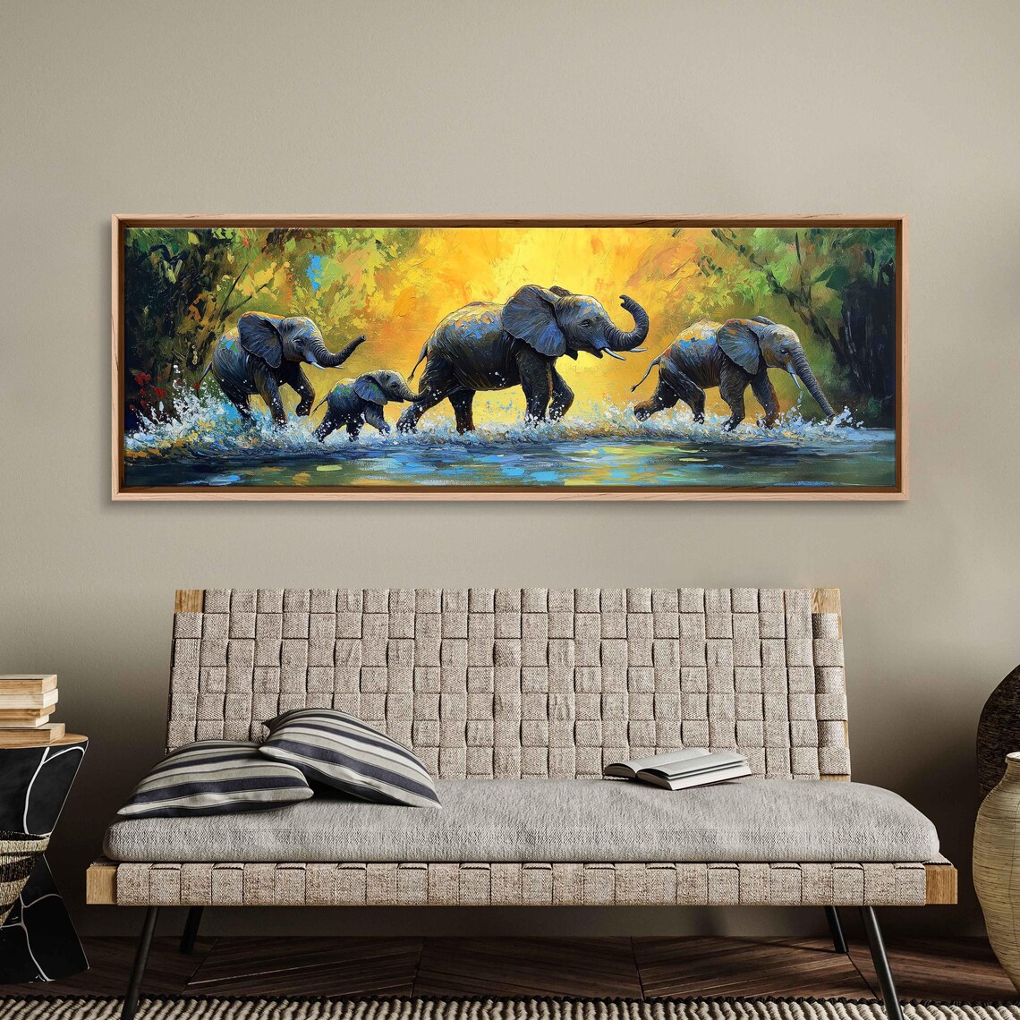 Elephant Family Crossing River Golden Sunset Wildlife Painting Poster