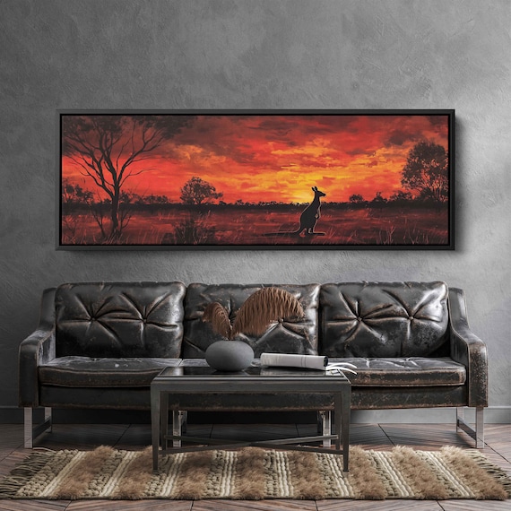 Kangaroo Silhouette Australian Outback Fiery Red Sunset Panoramic Wall Poster