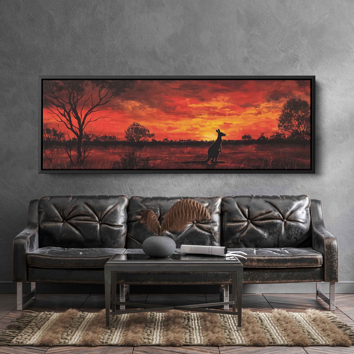Kangaroo Silhouette Australian Outback Fiery Red Sunset Panoramic Wall Poster