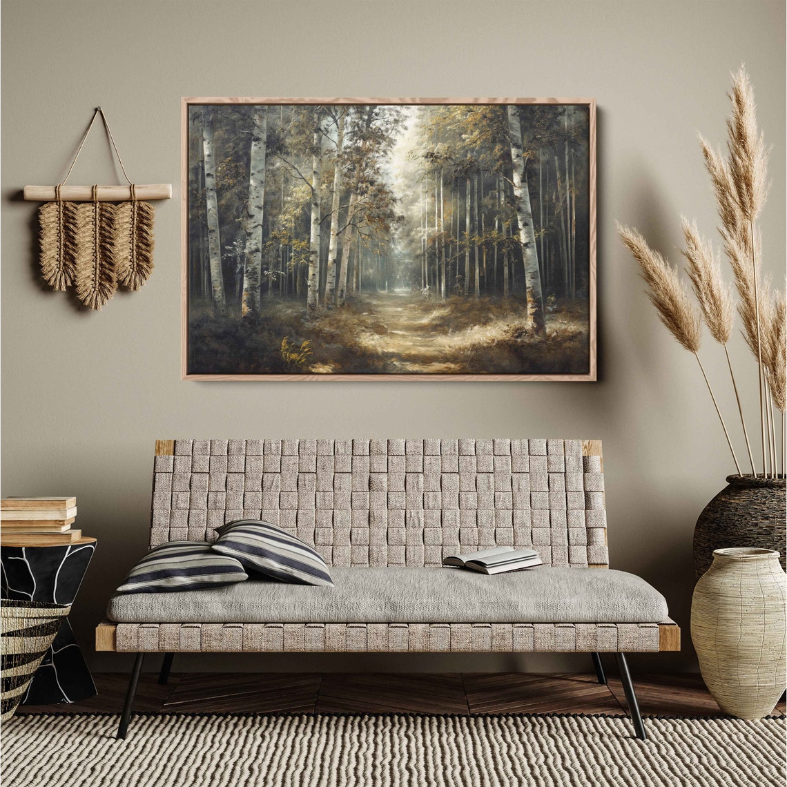Misty Birch Forest Path Painting Sunlit Woods Moody Nature Poster