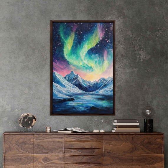 Starry Night Over Snow Capped Mountains Wall Art Print Vibrant Aurora Borealis Colors