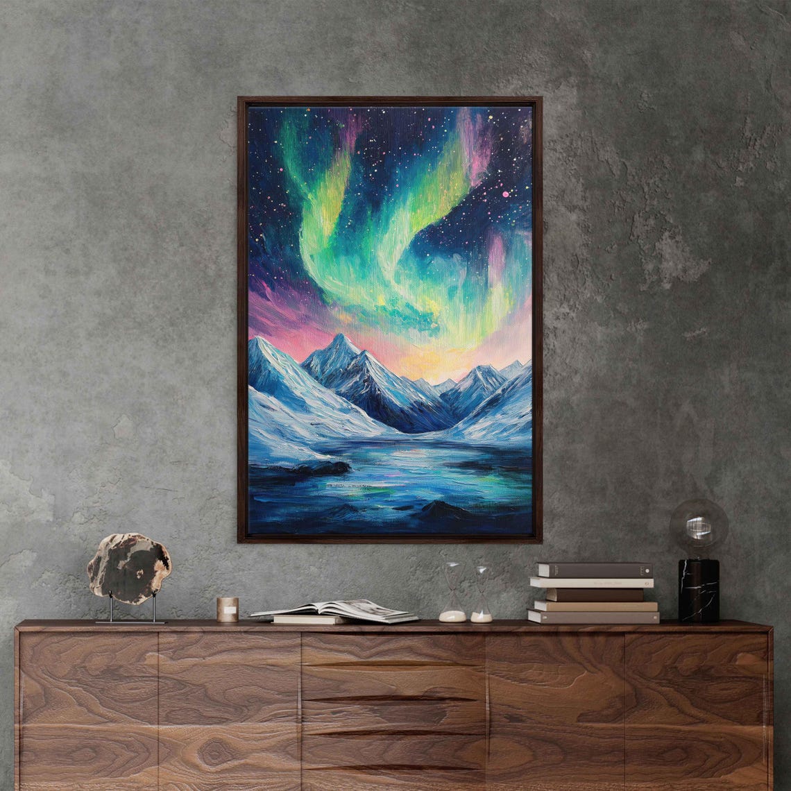 Starry Night Over Snow Capped Mountains Wall Art Print Vibrant Aurora Borealis Colors