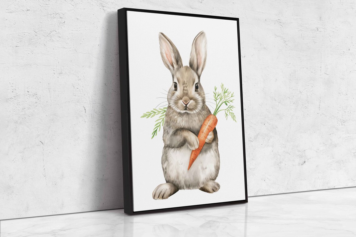 Smiling Bunny Holding Carrot Sweet Minimalist Watercolor Animal Wall Art - Image 4