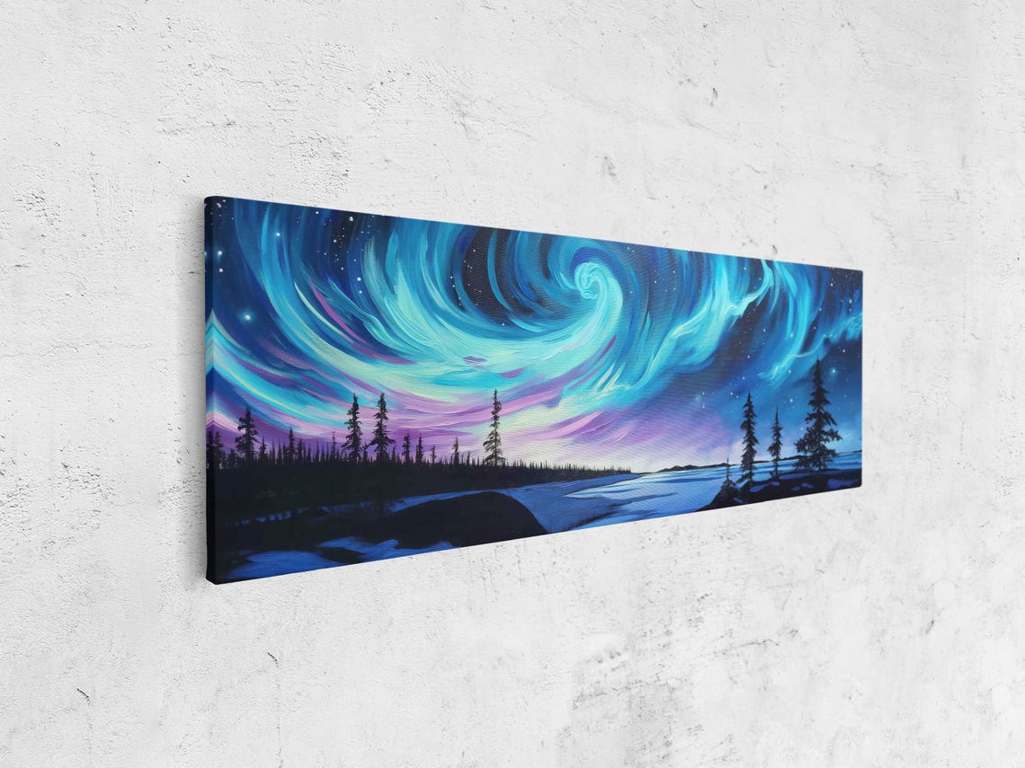 Teal Aurora Swirls Over Night River And Pine Trees Panoramic Poster - Image 4