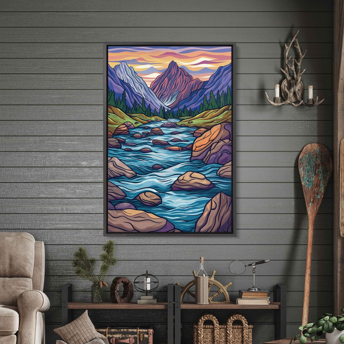 Flowing Rock River Colorful Valley Soothing Sunset Art Framed Print Ready To Hang - Image 2