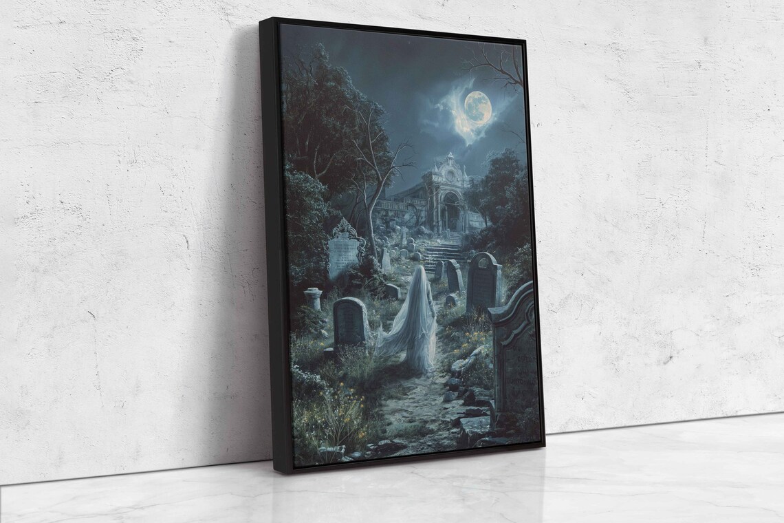 Ghostly Bride In Overgrown Cemetery Moonlit Night Spooky Poster - Image 4