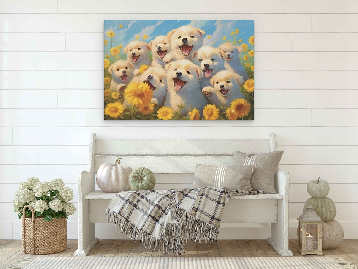 Fluffy White Puppies Sunflower Field Joyful Dog Lovers Art Print - Image 2
