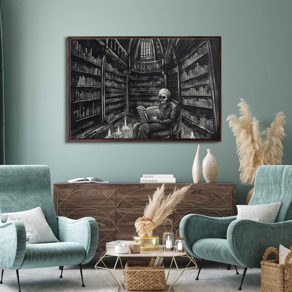 Skeleton Reading Book By Candlelight In Dark Gothic Library Ink Art Poster