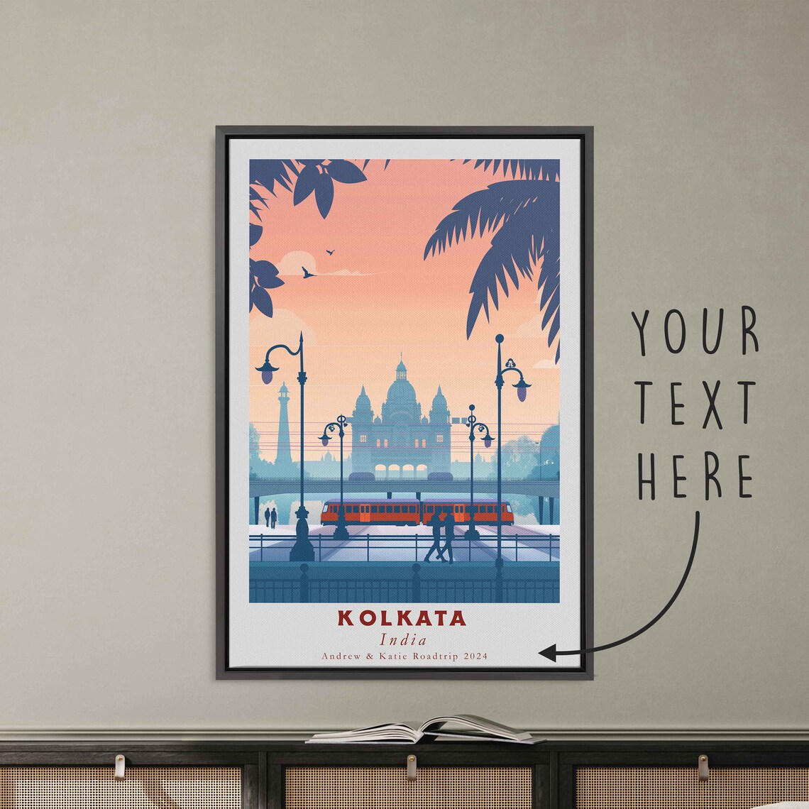 Kolkata India Victoria Memorial Tram Sunset Minimalist Travel Poster - Image 3