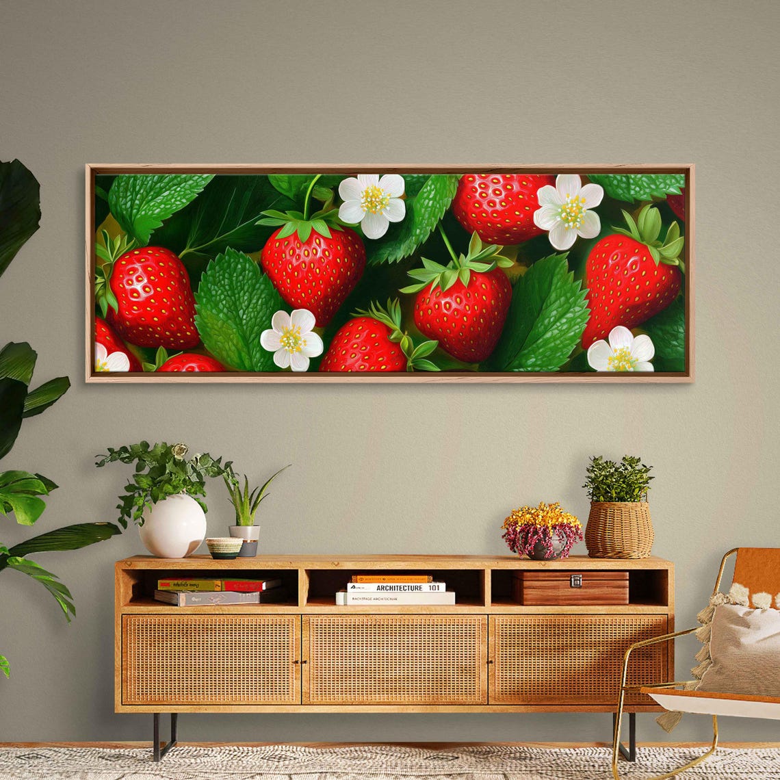 Glossy Red Strawberries With White Blossoms Painting Art Print - Image 3