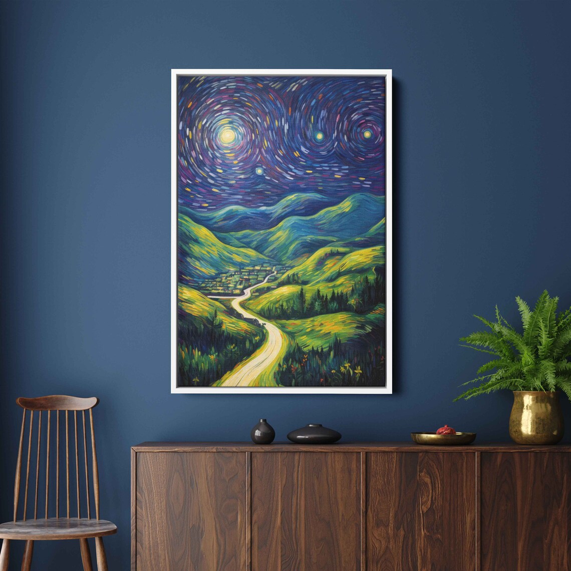 Starry Night Rural Valley Trail Winding Road Village Moon Van Gogh Art Print - Image 3