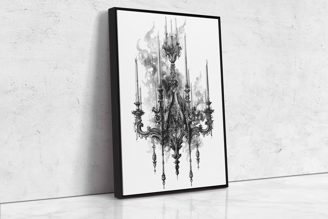 Ornate Gothic Chandelier Flaming Candles Smoke Ink Art Halloween Poster - Image 4