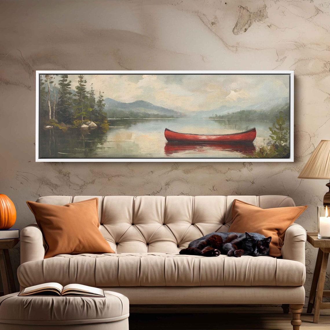 Red Canoe Tree Lined Mountain Lake Vintage Oil Painting Serene Poster - Image 2