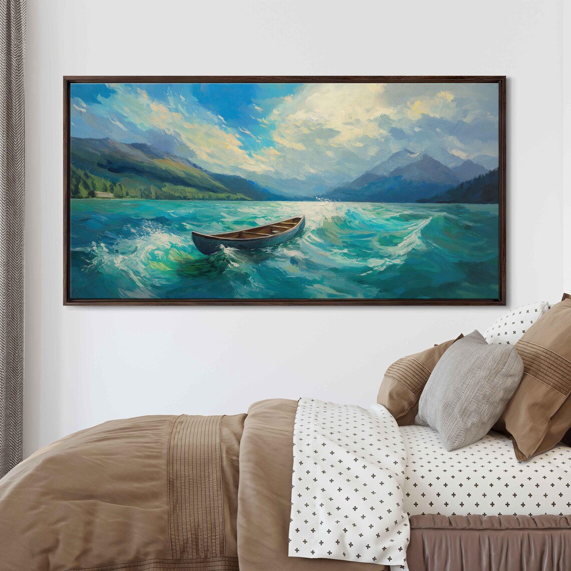 Lone Canoe Turquoise Lake Mountain Waves Scenic Paddling Art Poster - Image 3