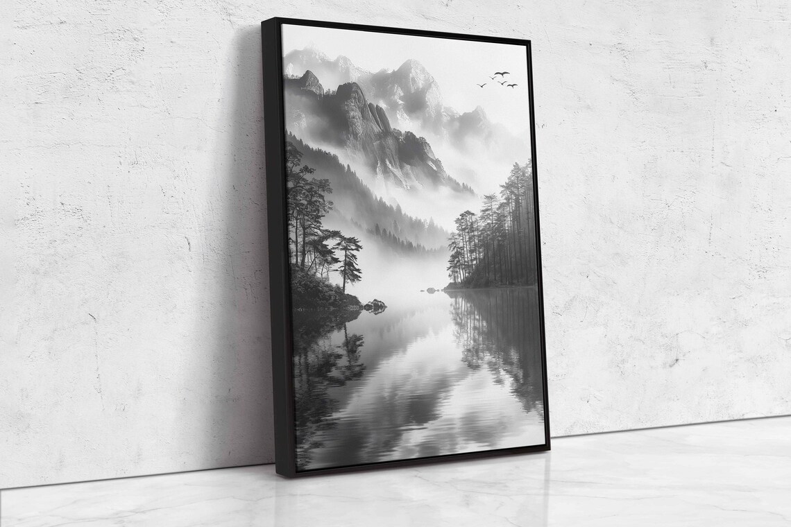 Misty Ink Wash Mountain Lake Birds in Flight Black White Serene Poster - Image 4