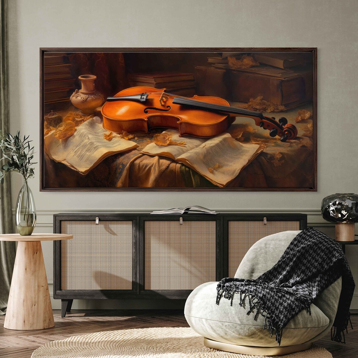 Vintage Violin Resting On Sheet Music Books Still Life Painting Print