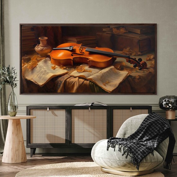 Vintage Violin Resting On Sheet Music Books Still Life Painting Print