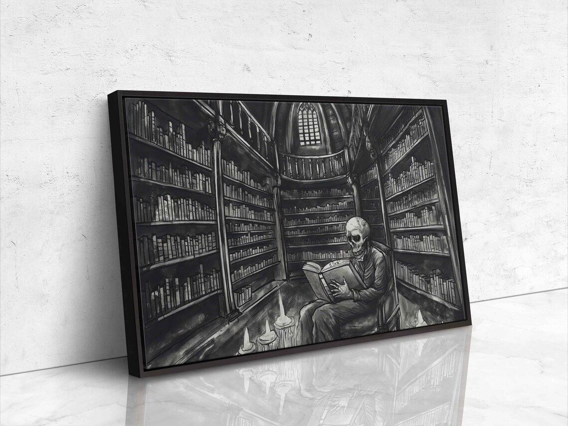Skeleton Reading Book By Candlelight In Dark Gothic Library Ink Art Poster - Image 4