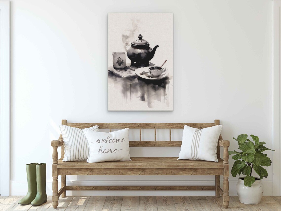 Monochrome Ink Teapot Tea Cups Still Life Zen Art Painting Poster - Image 2