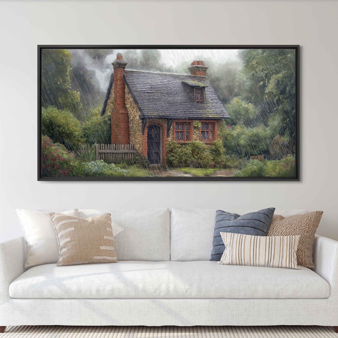Cozy Brick Cottage in the Rain Moody Rainy Day Garden Poster - Image 3