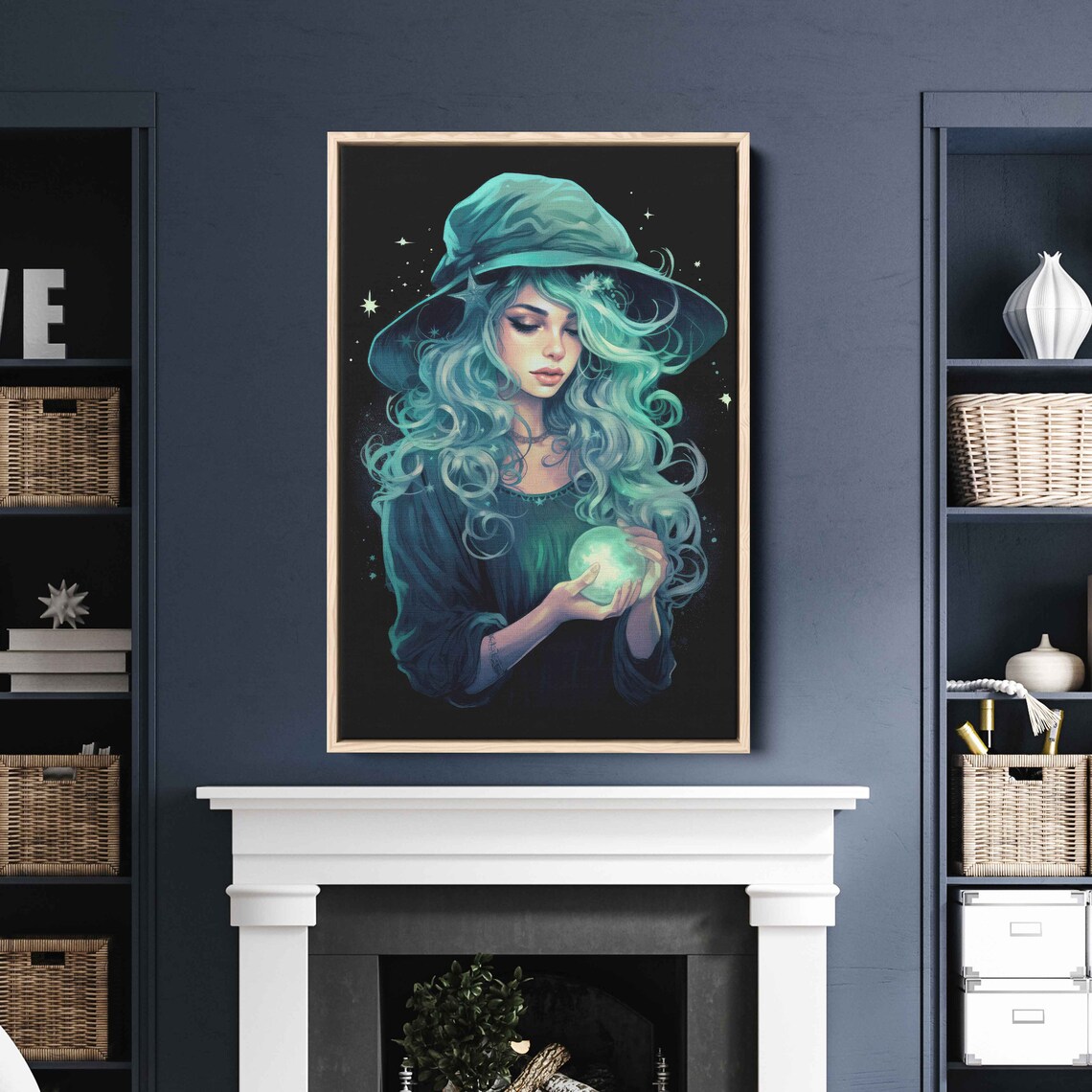 Celestial Witch Teal Hair Glowing Orb Stars Dark Night Halloween Art Print - Image 2