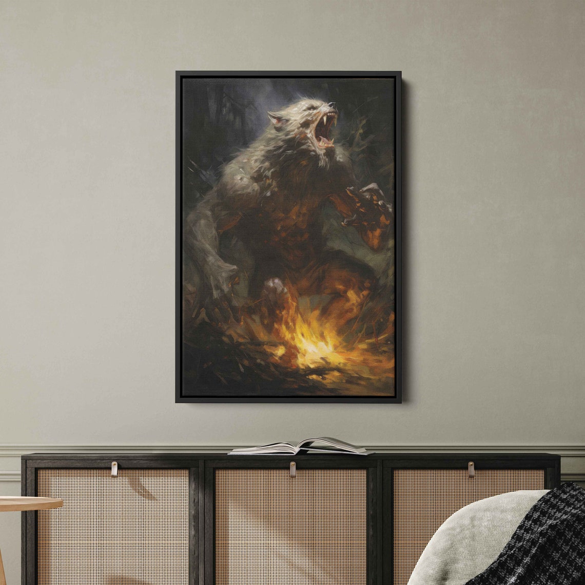 Ferocious White Werewolf Lunging From Firelight Horror Art Print - Image 3