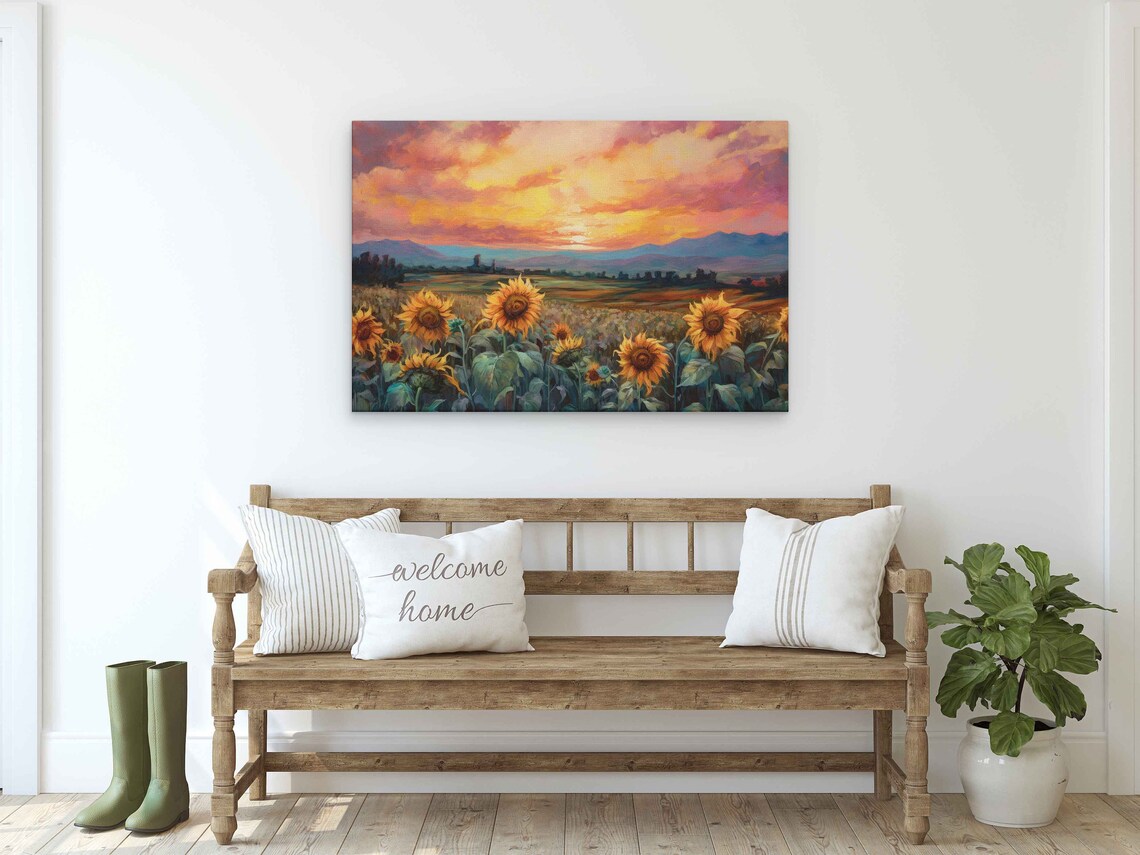 Sunflower Field at Sunset, Oil Painting Art Print - Image 2