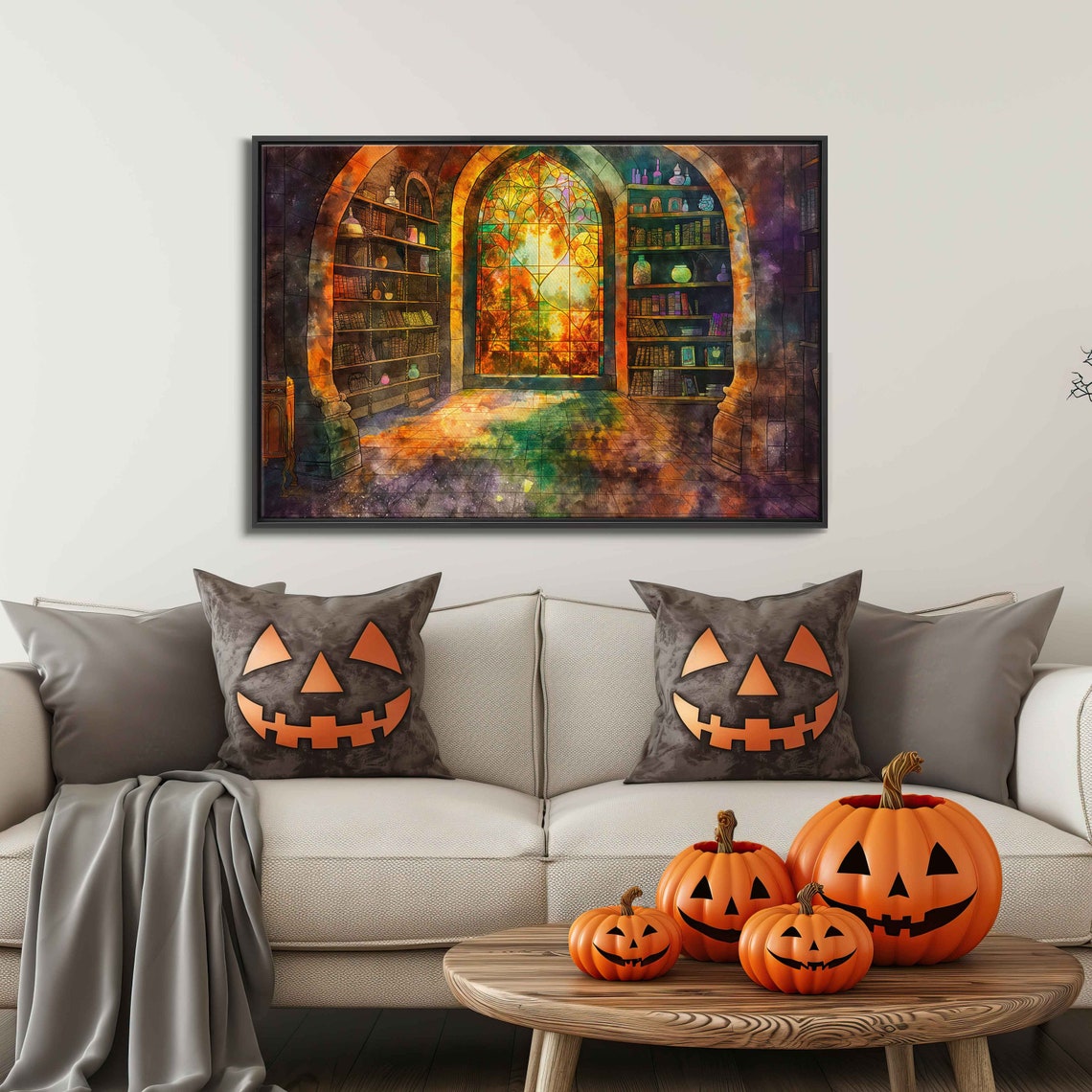 Witches Library Arched Window Golden Light Bookshelves Watercolor Art - Image 3
