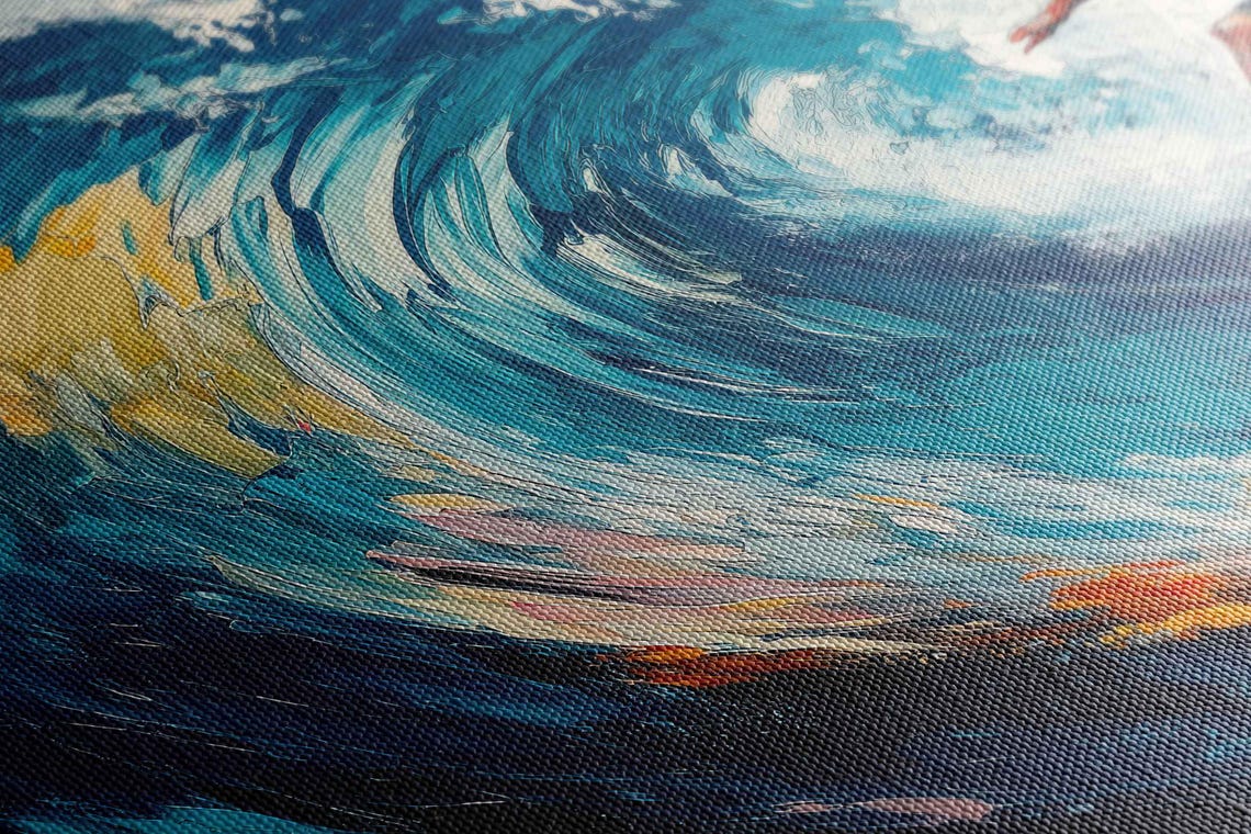 Surfer Catching Wave At Sunset Wall Art Print Gift For Surfer Blue Water Vibrant Colors Ready To Hang - Image 2