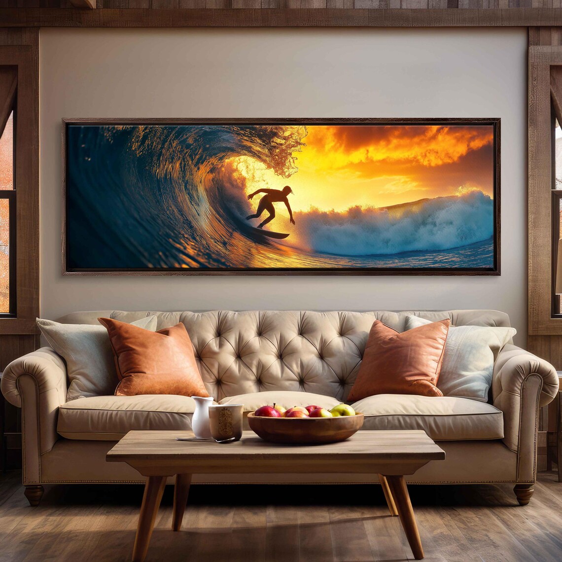 Surfer Silhouette Golden Sunset Wave Barrel Dramatic Surf Sports Print - Image 3