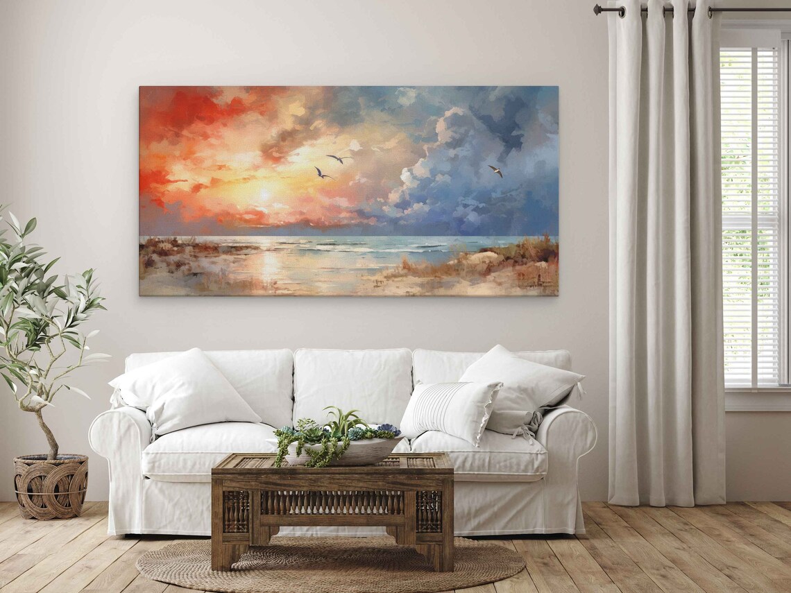 Abstract Beach Sunset Watercolor Seagulls Flying Ocean Shore Golden Sky Travel Poster - Image 3