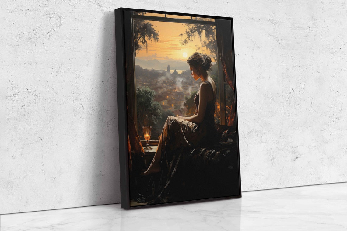 Woman On Windowsill Watching Sunset Over City Evening Wall Art - Image 4