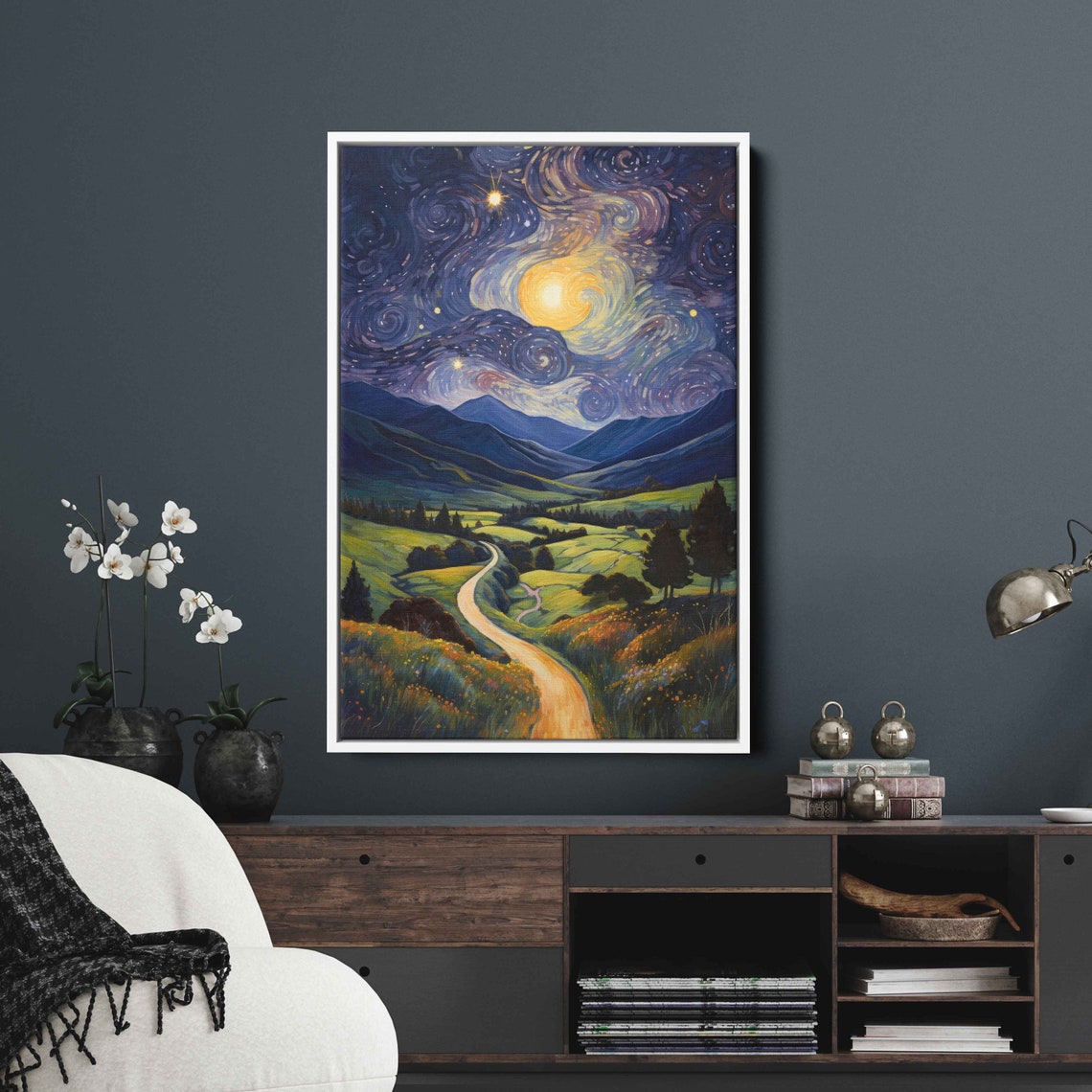 Starry Night Van Gogh Inspired Impressionist Wall Art Print Peaceful Rural Mountain Range Ready To Hang - Image 3