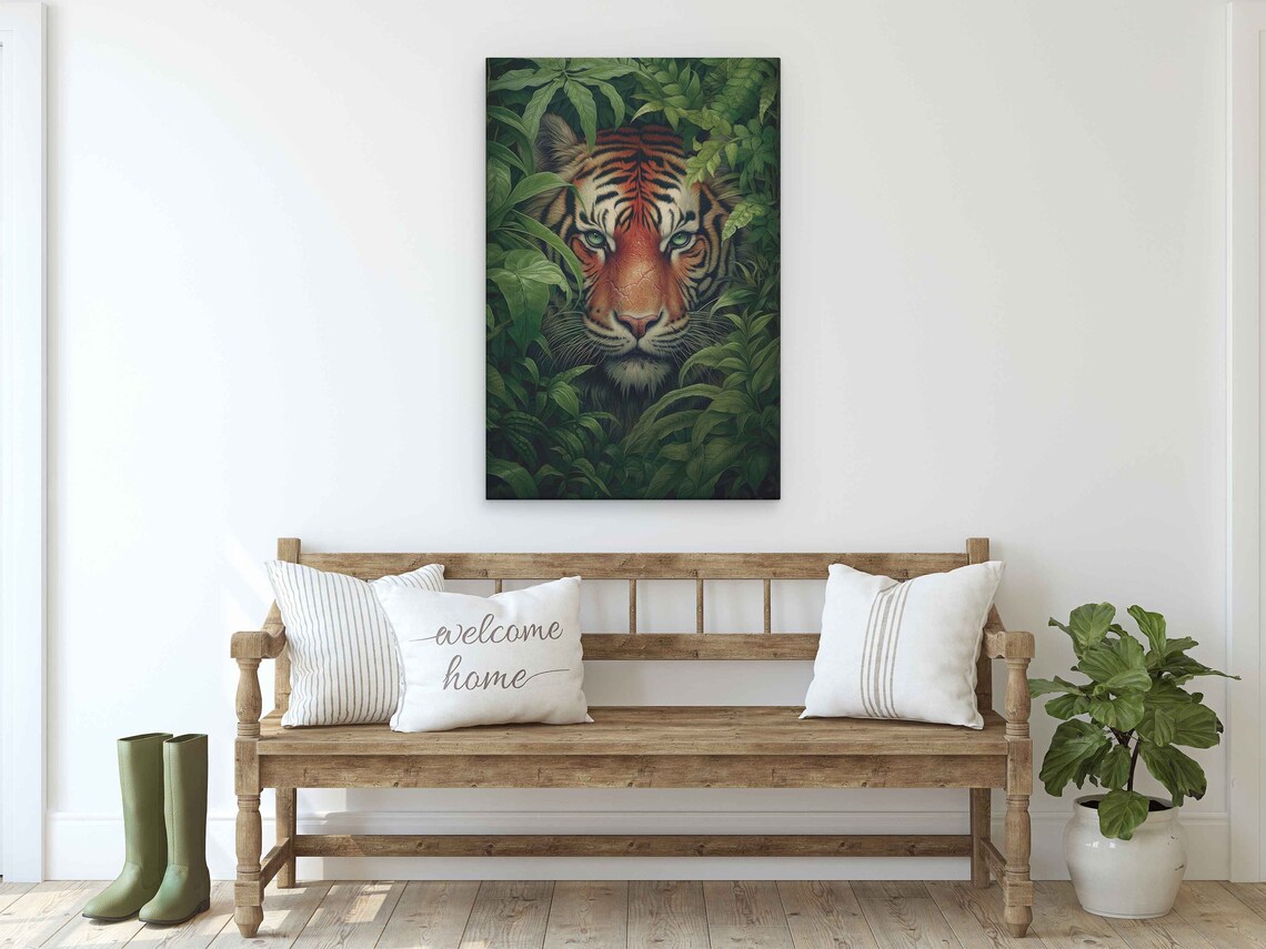 Tiger Face Emerging Jungle Leaves Piercing Eyes Wildlife Art Poster - Image 2