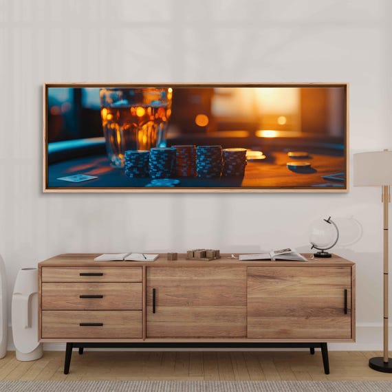 Poker Game At Sunset Wall Art Print Man Cave Decor Gift For Him Playing Cards Whiskey Glass Ready To Hang