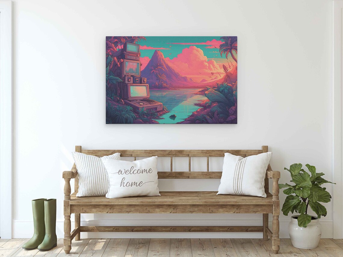 Retro Computers On Tropical Island Vaporwave Mountain Sunset Art Print - Image 2