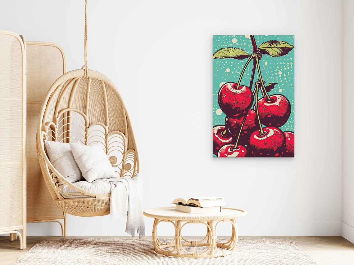Red Cherries Pop Art Painting Retro Teal Dotted Background Wall Poster - Image 3