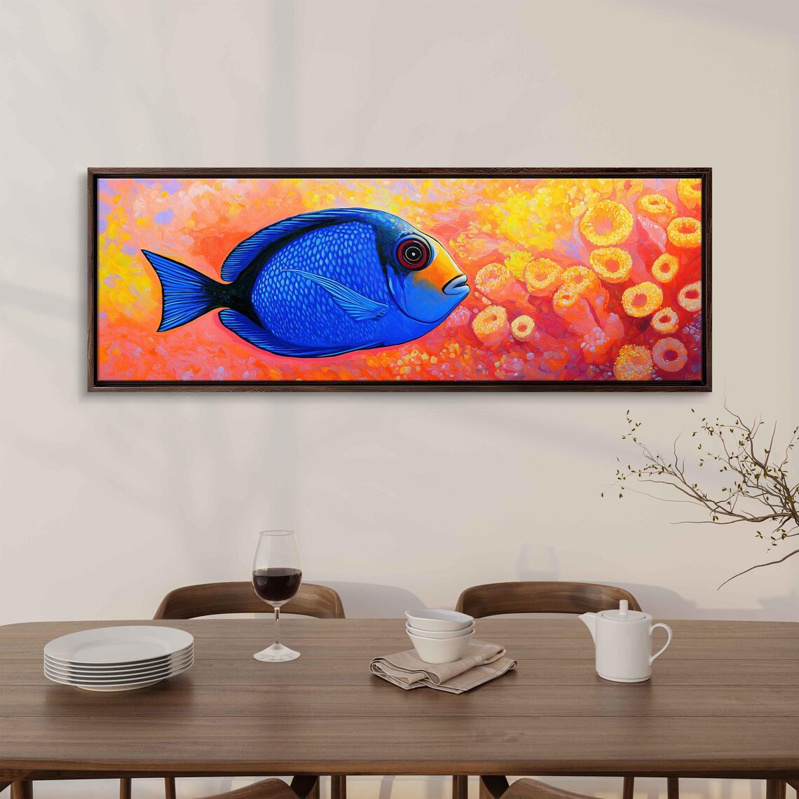 Vibrant Blue Tang Fish Wall Art Print Closeup Against Bright Coral Background