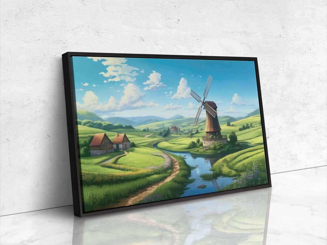 Serene Countryside Landscape Windmill River Framed Print Ready To Hang Country Rustic Wall Art Rural Decor - Image 4
