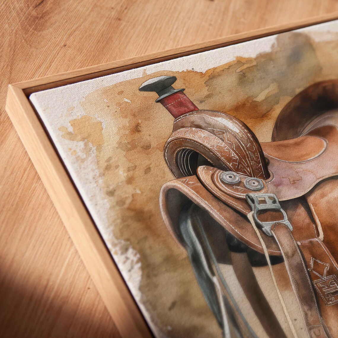 Western Horse Saddle With Coiled Lasso Watercolor Rustic Art Print - Image 2