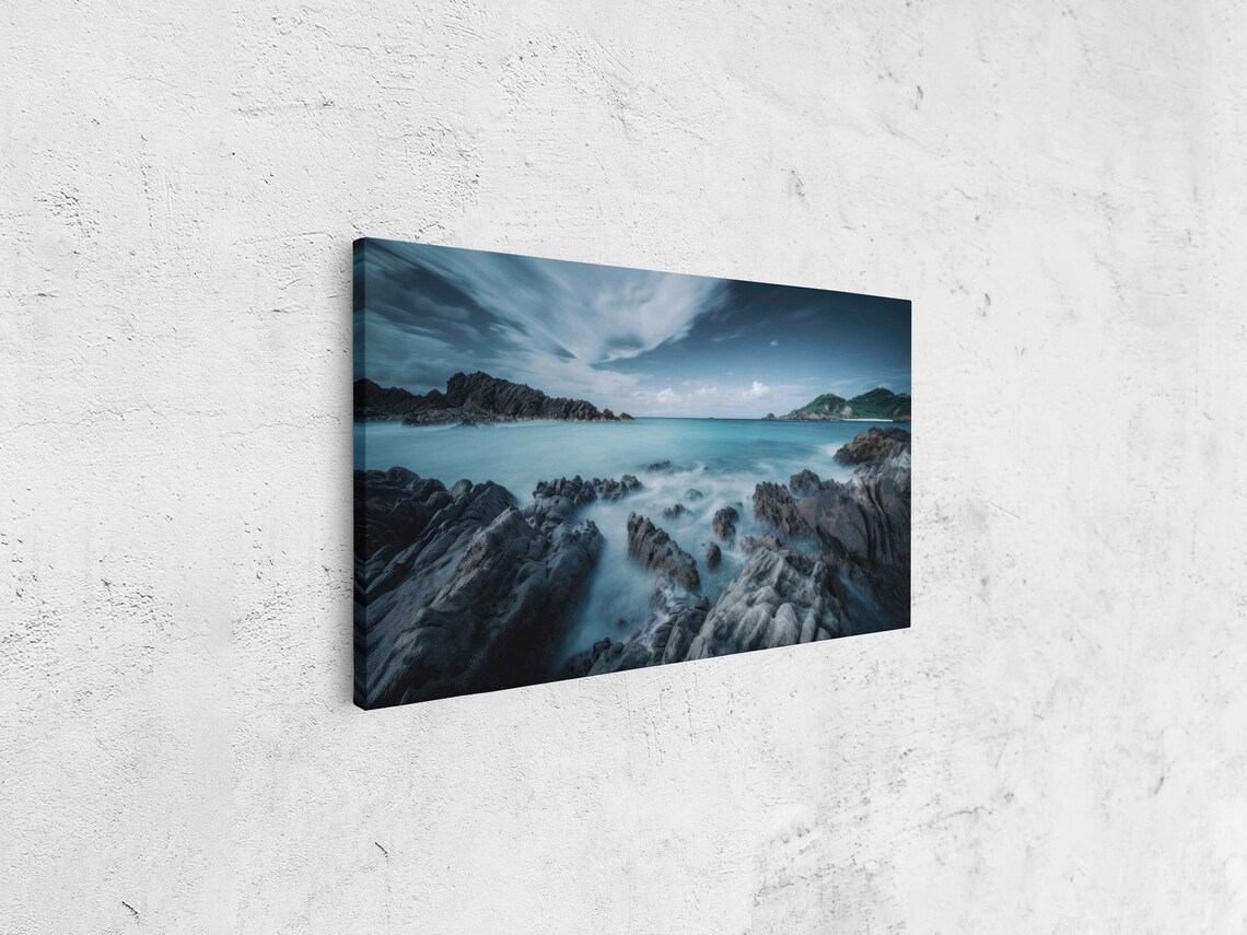 Moody Rocky Coastline Teal Sea Long Exposure Silky Waves Panoramic Poster - Image 4