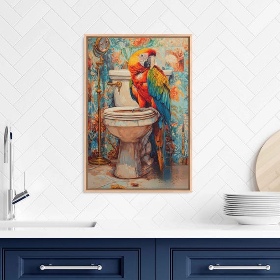 Whimsical Macaw On A Toilet Wall Art Print Vintage Bathroom Decor Colorful Design