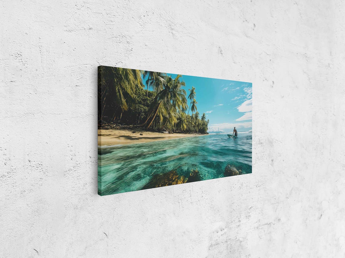 Surfer Floating By Sandy Beach Wall Art Print Tropical Island Gift For Surfer Blue Water Palm Trees Ready To Hang - Image 4
