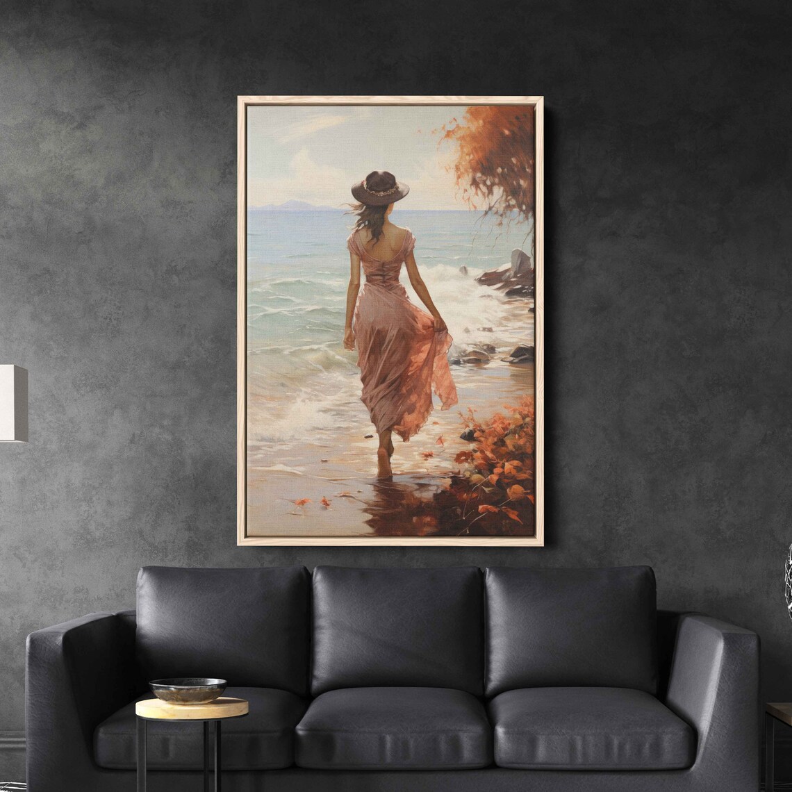 Woman Beach Hat Rocky Shore Ocean Waves Watercolor Coastal Scene Poster - Image 2