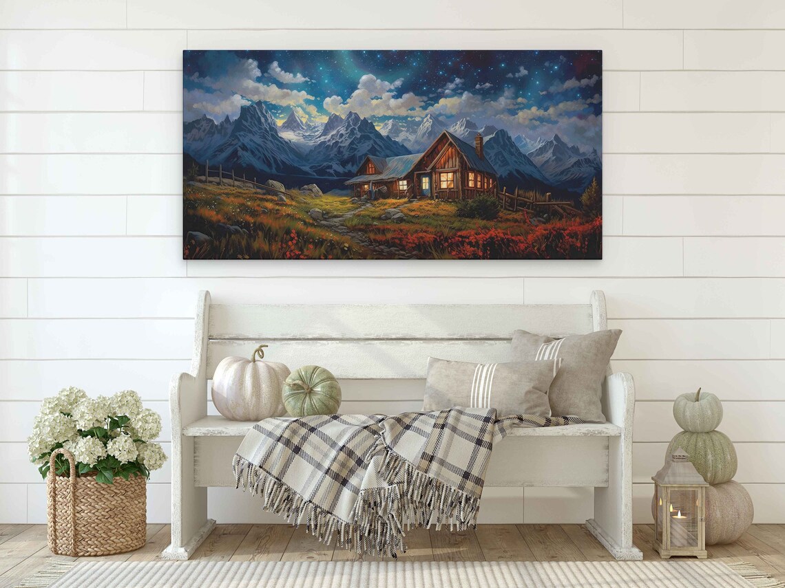 Lit Wooden Cabin Wildflower Meadow Starry Night Snowy Mountains Poster - Image 2