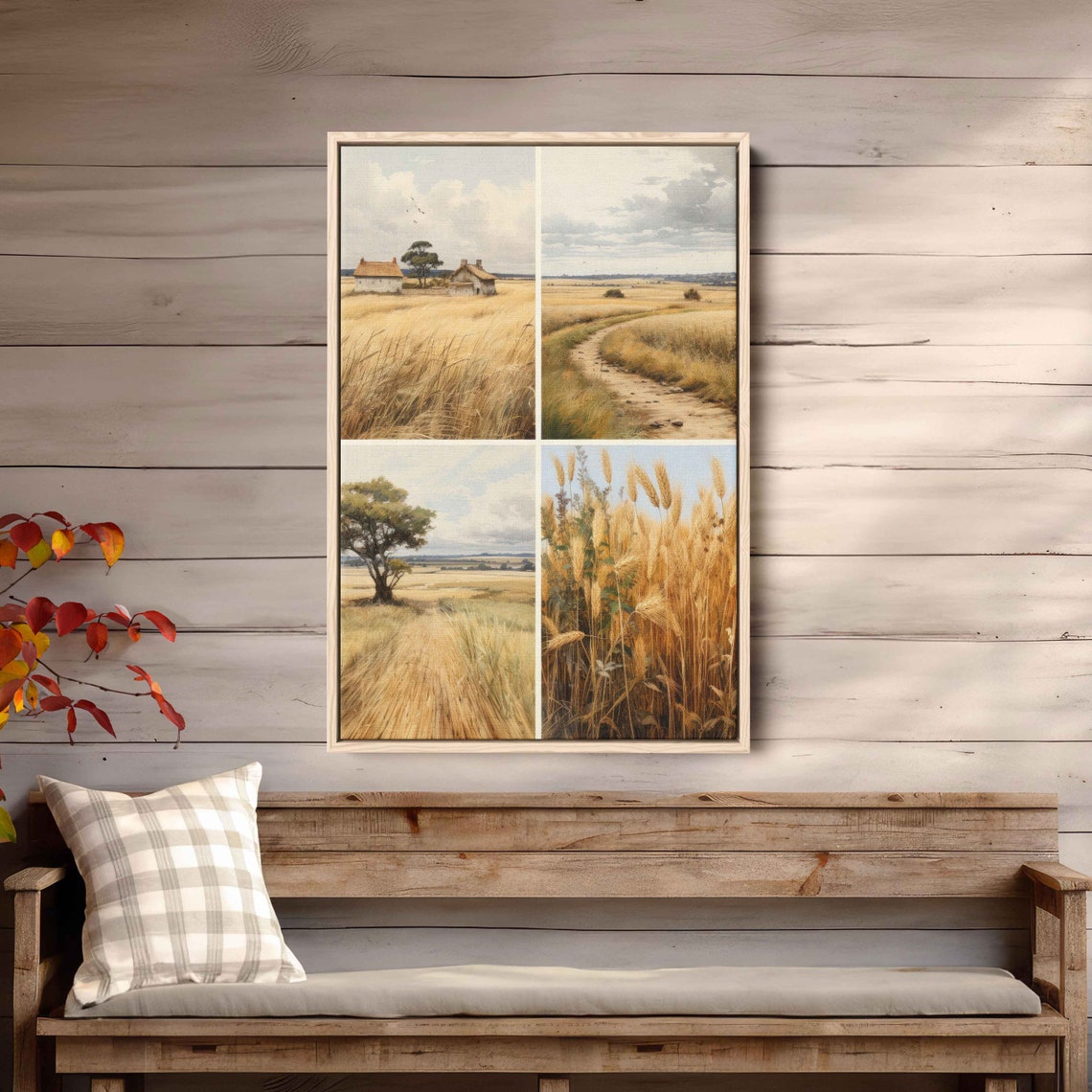 Rustic Golden Wheat Fields Four Panel Watercolor Farm Poster - Image 3