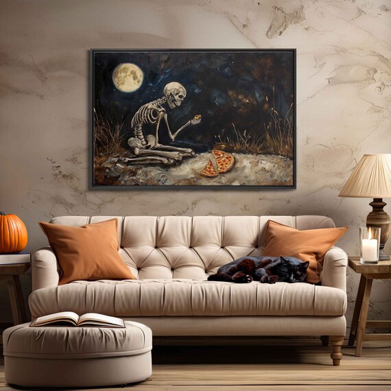 Skeleton Eating Pizza Under Full Moon Spooky Oil Painting Print